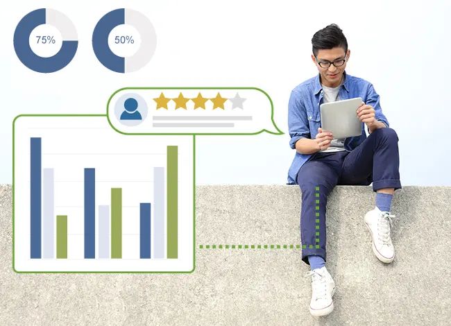 a digital marketing expert consulting the results graphs of an online market research study on his tablet.