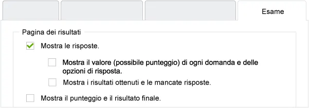 Schermata per la configurazione della visualizzazione dei risultati nella pagina di completamento dell'esame.