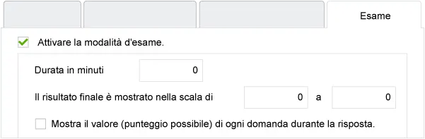 Schermata di attivazione della modalità d'esame, durata e scala di valutazione.